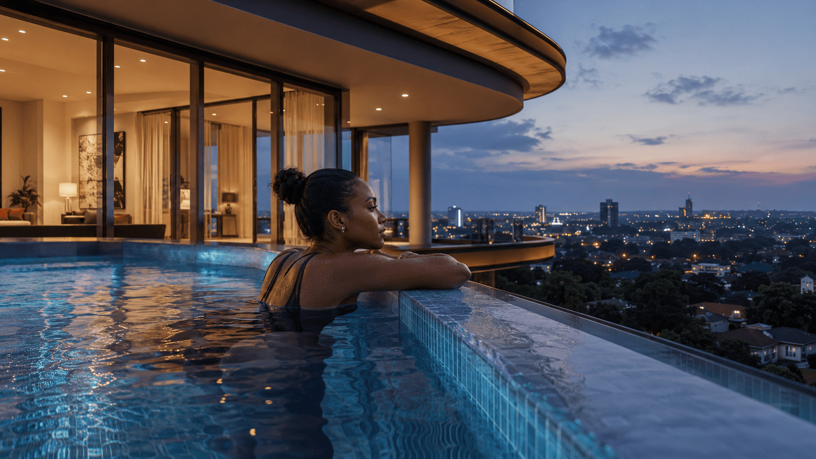 A swimmer rests at the infinity edge of the penthouse pool at dusk, looking out over the lights of Kampala.