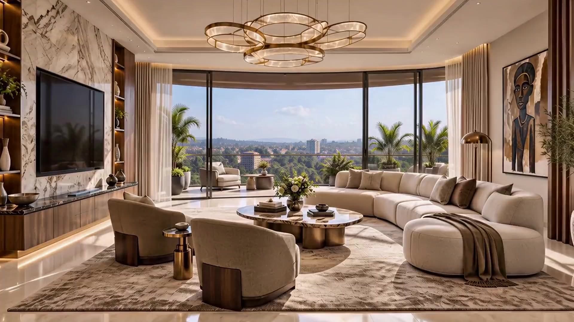 The three-bedroom living room, with the curved glazing open to Kampala.