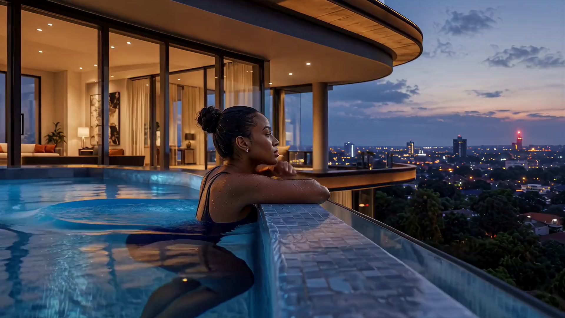 The penthouse pool at dusk, its infinity edge open to the lights of the city.
