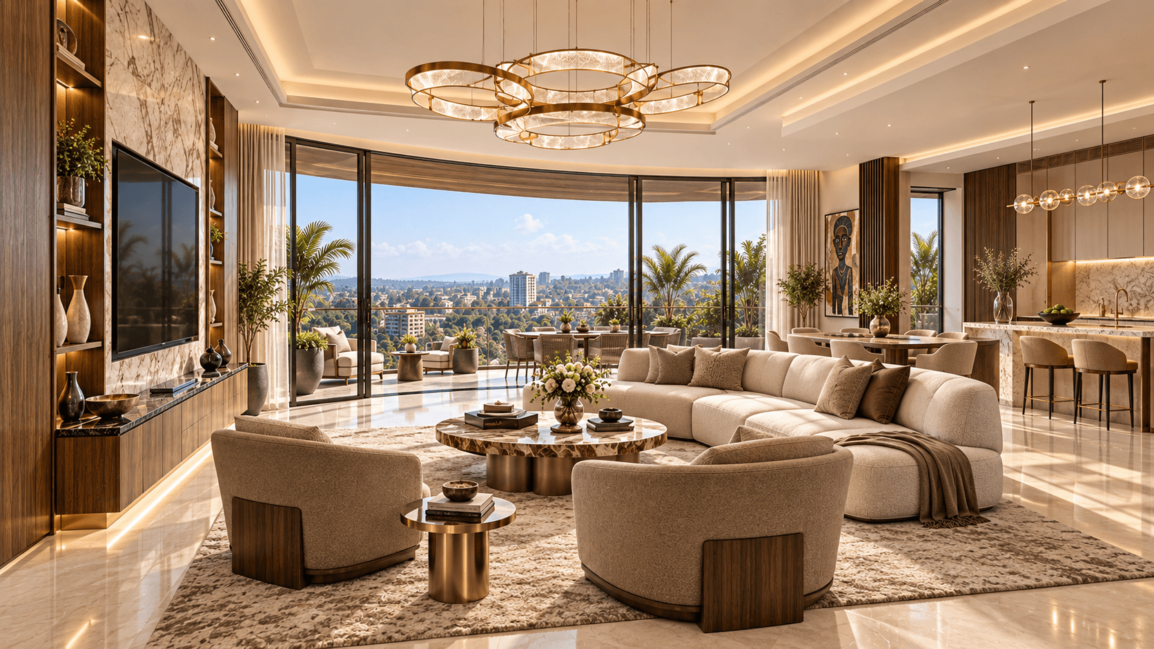Two-bedroom living room with a curved sofa facing the balcony, kitchen and dining beyond in one open plan.