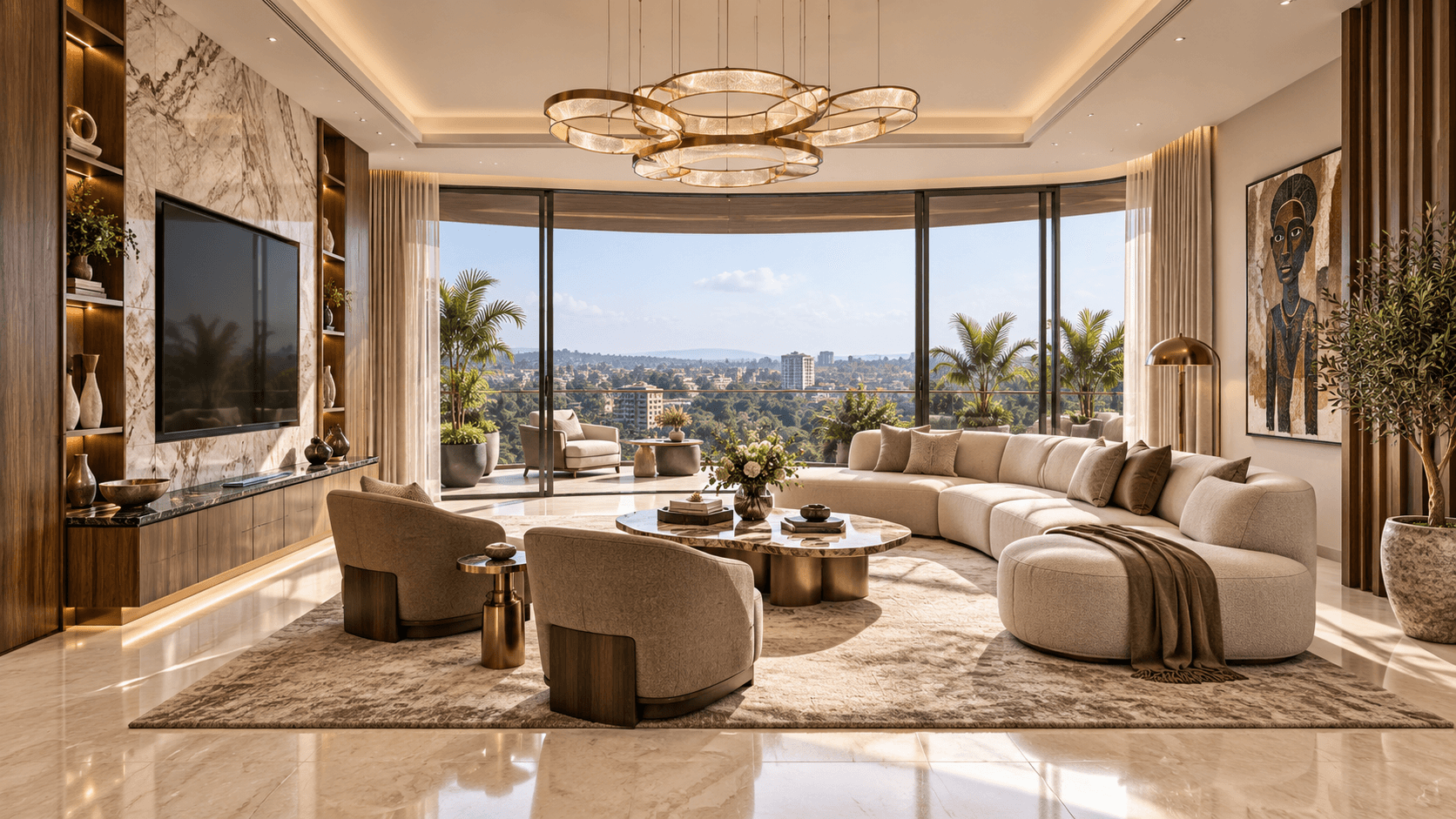 Three-bedroom living room with a curved sectional sofa, brass ring chandelier and floor-to-ceiling curved glazing over the city.